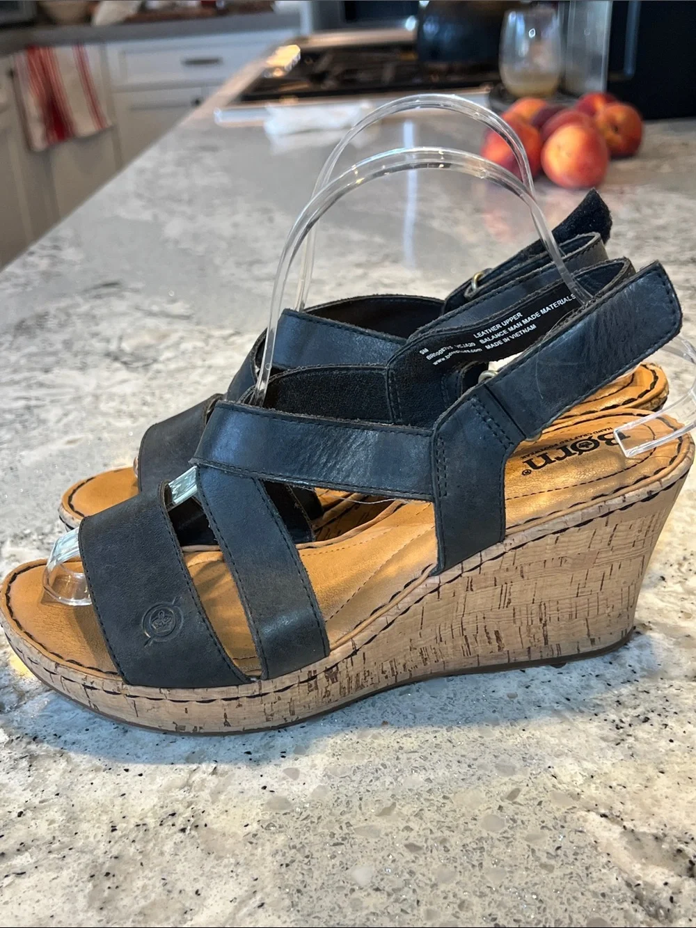 Børn Seashell Black Leather Cork Wedge Sandals Size 9 EUC